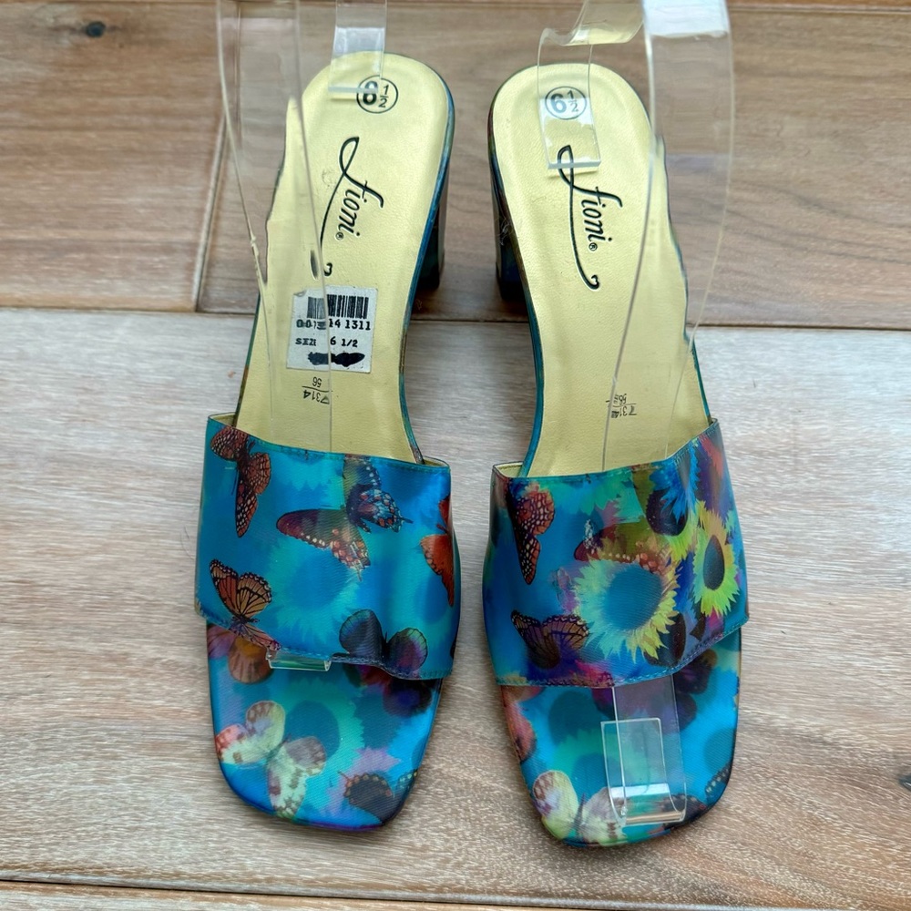 Vintage 90s Fioni Holographic Butterfly Sunflower Heels Mules Shoes Rave 6.5 - Picture 2 of 10